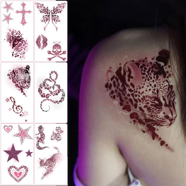 Glitter Leopard Head Butterfly Design Full Body Temporary Sexy Water Transfer Printed Tattoo Sticker Pink Water Resistant