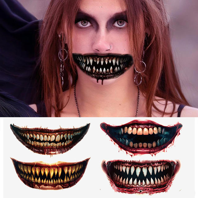 New Style Halloween Horror Thriller Big Mouth Temporary Eco-Friendly Tattoo Sticker Face Semi-handmade Party Gathering