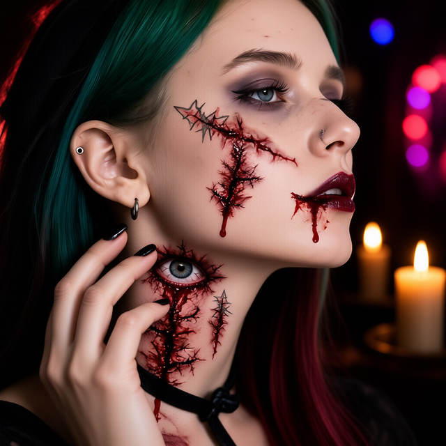 Halloween Temporary Tattoo Sticker Sewn Wound Flesh Tear Eff view 2