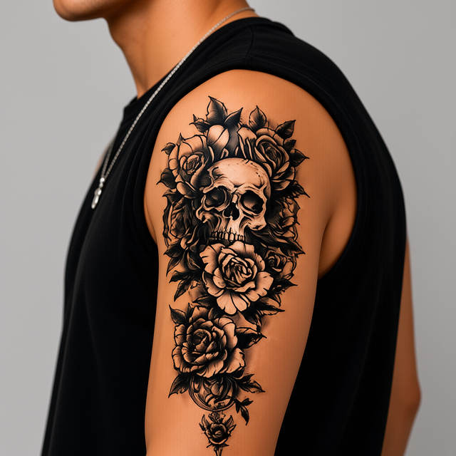 Large Gothic Skull Demon with Mysterious Symbols Colored Waterproof Temporary Tattoo Stickers - Dark Mythology Series Set